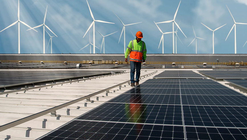 Man inspecting solar panels.