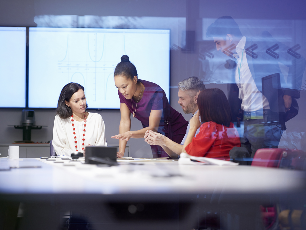 A group of people meeting in a conference room.