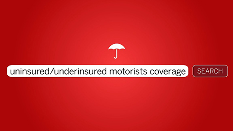 White Travelers umbrella and text reading "uninsured/underinsured motorists coverage" on a red background.