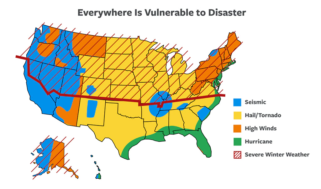  Natural hazards map of the United States, see details below.