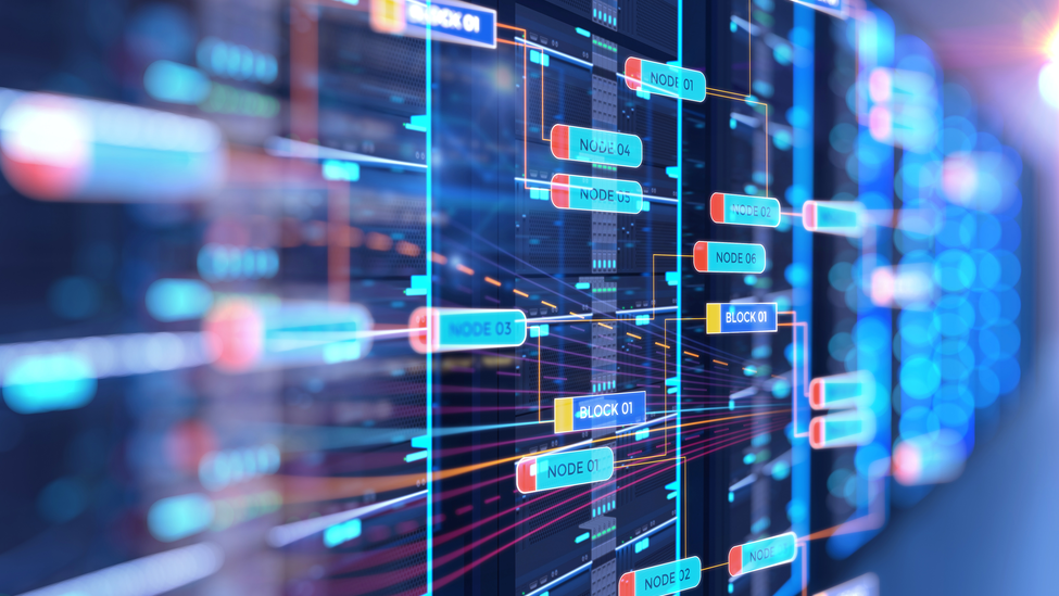 Server room illustration with node base programming data design element concept of big data storage and cloud computing technology. server room 3d illustration with node base programming data design element.