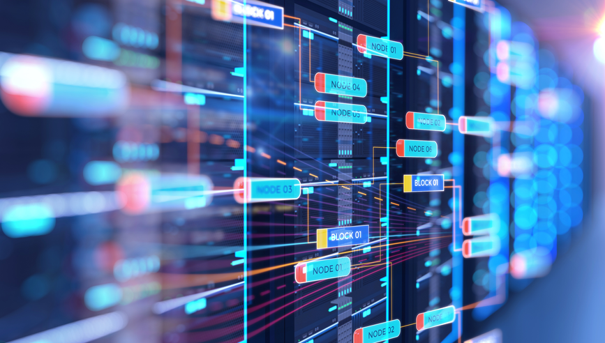 Server room illustration with node base programming data design element concept of big data storage and cloud computing technology. server room 3d illustration with node base programming data design element.