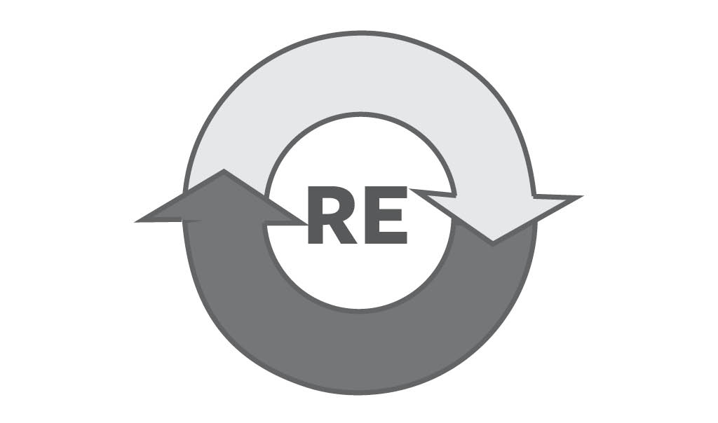Grey icon RE with two circular arrows.