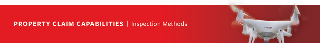 Image of a Travelers drone on a red background. Text, Property Claim Capabilities, Inspection Methods.