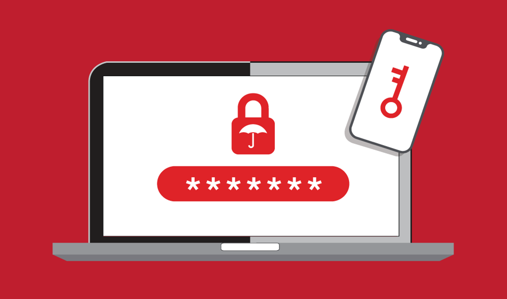 Red background, laptop with lock and smartphone with key.