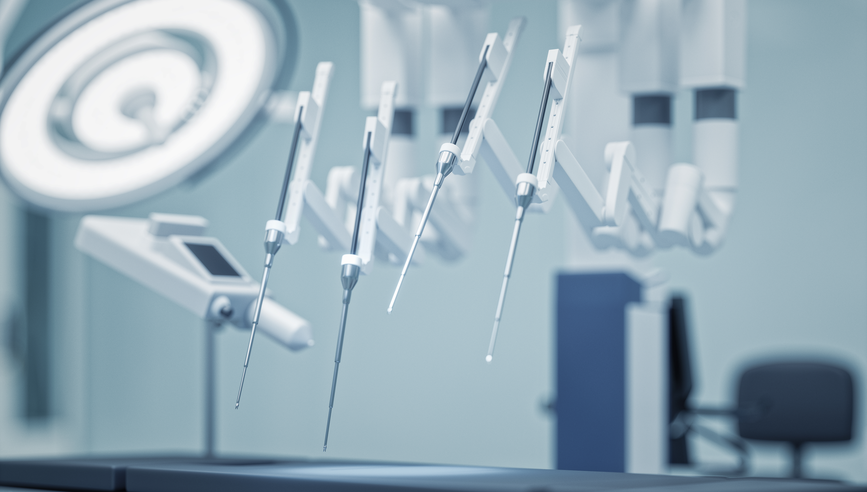 Robotic surgery equipment in a medical setting.