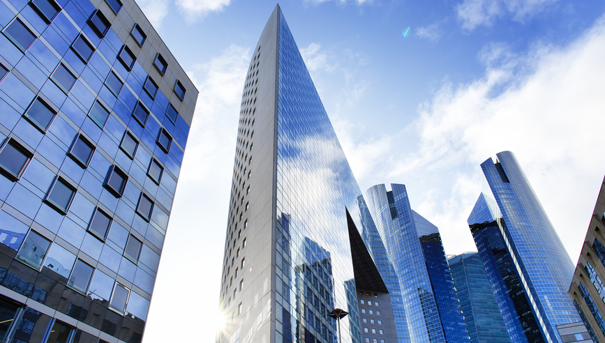 France, Paris, La Defense, low angle view of skyscrapers; Skyscrapers in La Defense