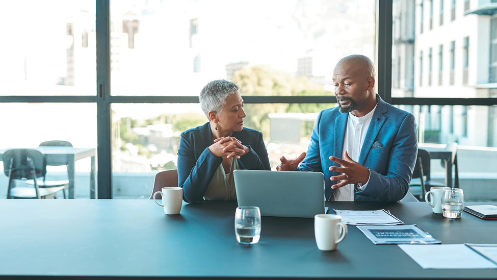 Two professionals having a meeting at a table in an office and looking at a laptop.