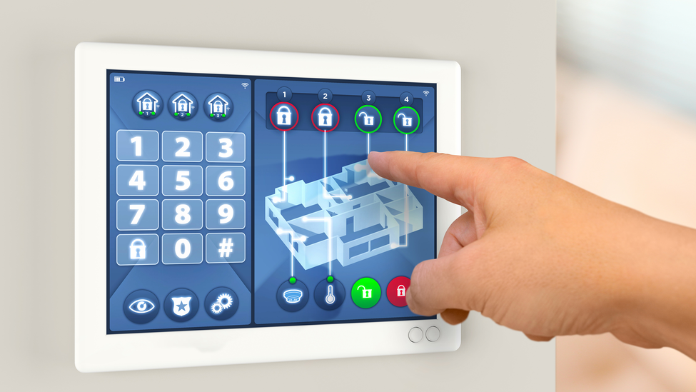 Smart home automation: wall display showing house alarm security system with secret code number keypad and apartment map with sensors and lock status. Hands pointing at touch display, digiting code.