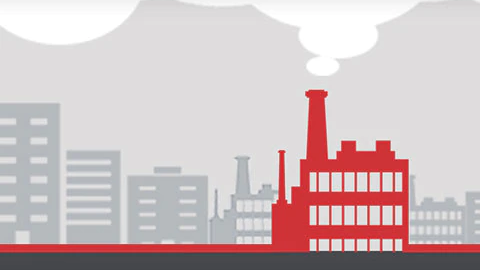 Graphic of a red factory with smoke exiting chimney with tall buildings in the background.