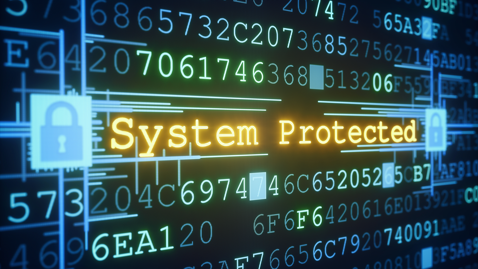 An abstract IT design concept of system or data protection. A central glowing message of "System Protected" is informing the user about the security status. Padlocks on both sides of the message are shown in a locked state, affecting the whole system. Everything is situated inside a hexadecimal code "data-block".