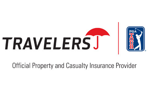 Travelers logo next to PGA Tour logo - Text, Official Property and Casualty Insurance Provider.