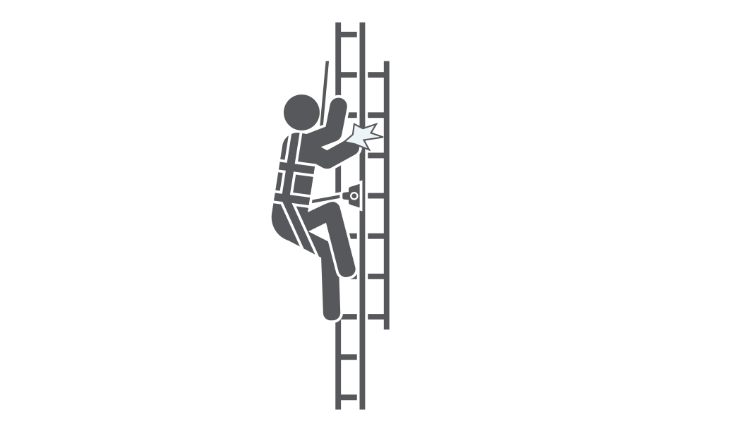 Figure in harness on ladder.