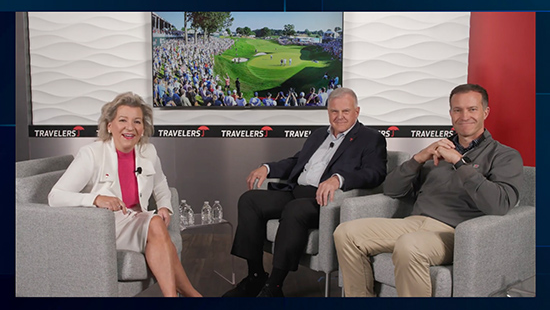 Joan Woodward, Andy Bessette, and Nathan Grube seated in a television studio. Screen with picture of Travelers Championship golf tournament behind them.