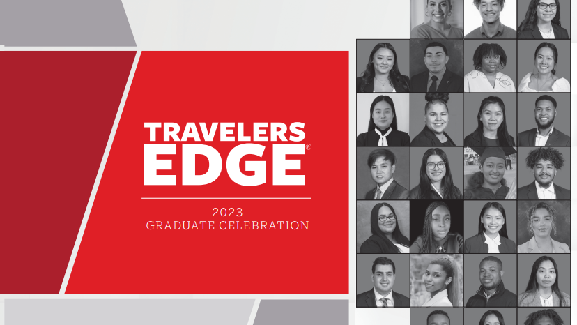 Headshots in black and white grouped together with Travelers EDGE logo.