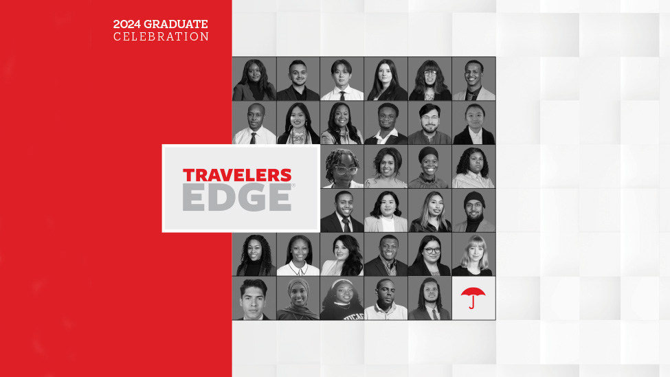 Headshots in black and white grouped together with Travelers EDGE logo.