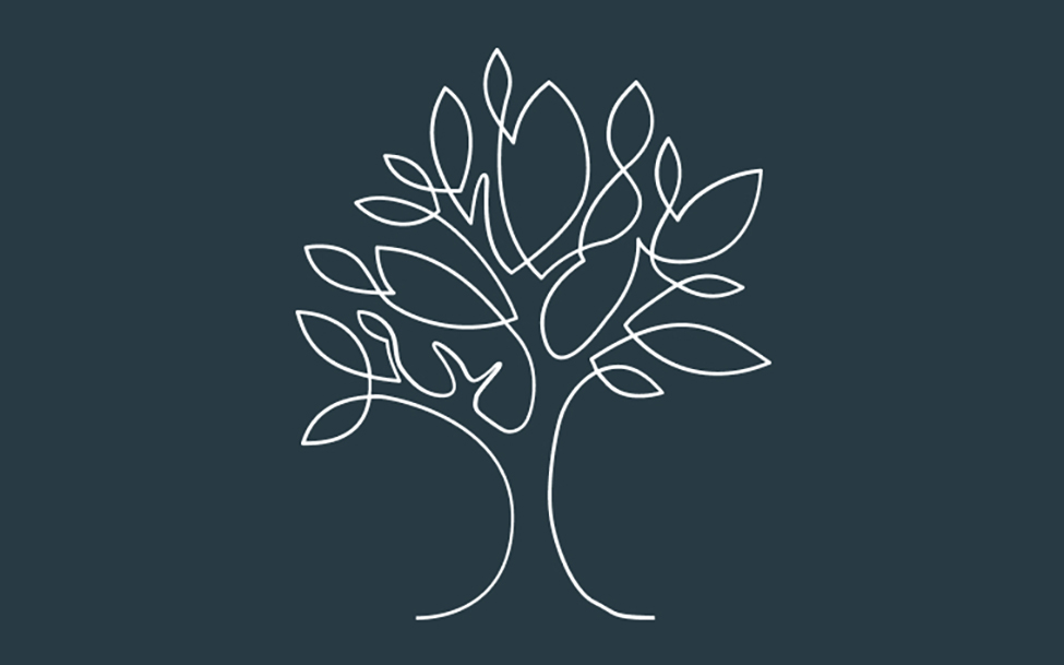 White line drawing of a healthy tree on grey background.