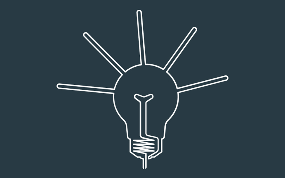 White line drawing of a light bulb shining on grey background.