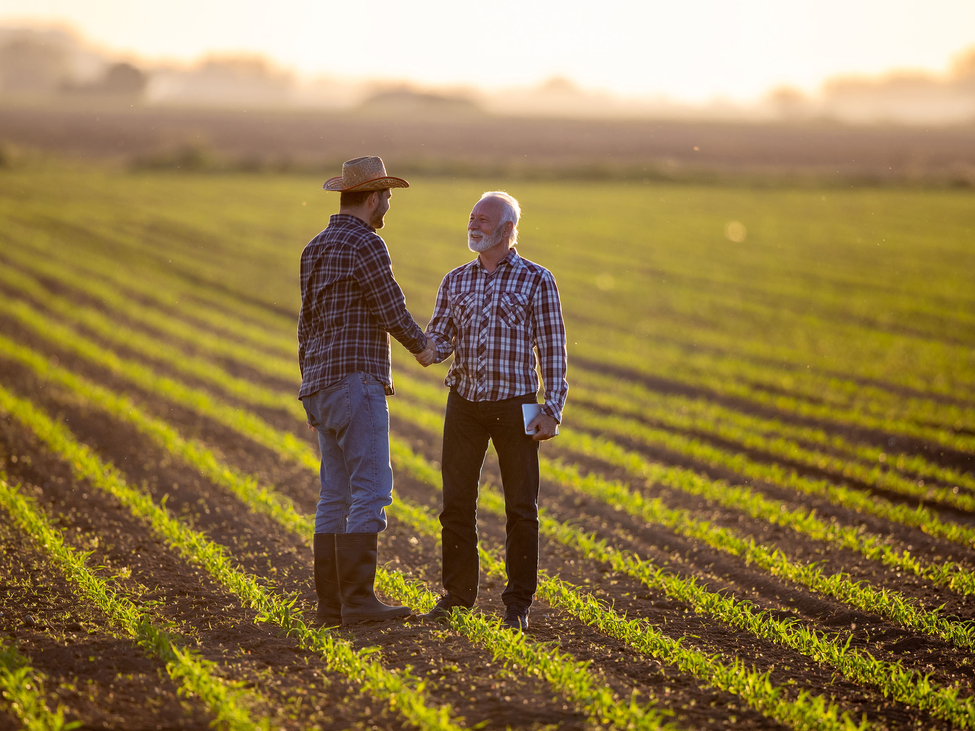 Two farmers in agribusiness shake hands while standing in a field.