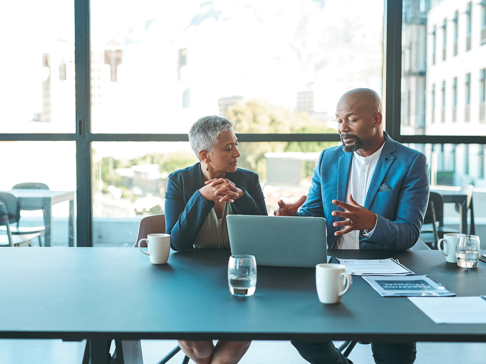 Two professionals having a meeting at a table in an office and looking at a laptop.