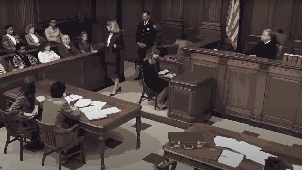 View of judge lawyers and jury in courtroom