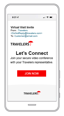 Screenshot of an email from Travelers. Subject line: 