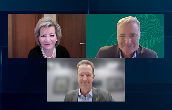 Screenshot of a Zoom call with Joan Woodward, Michael Klein, and Jad Daley