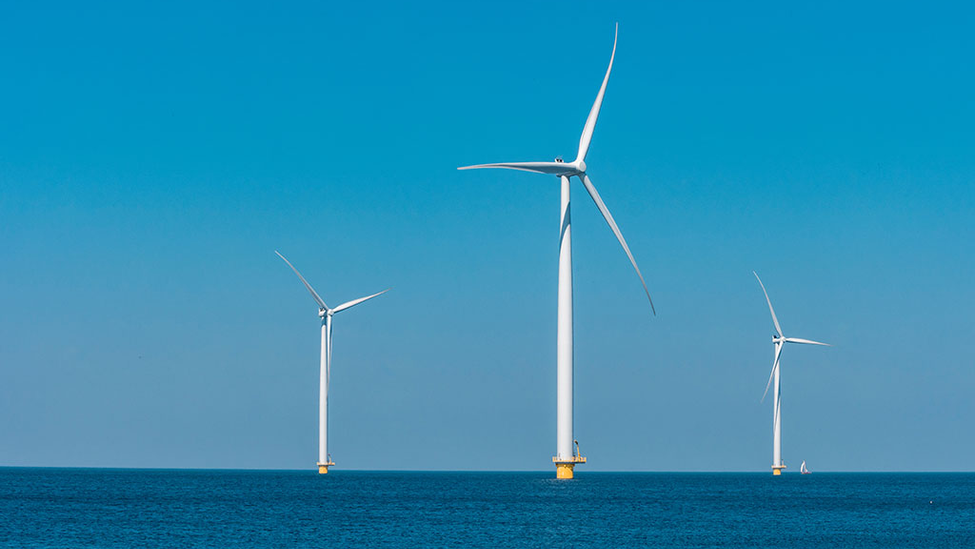 Wind farm shown out in the ocean.