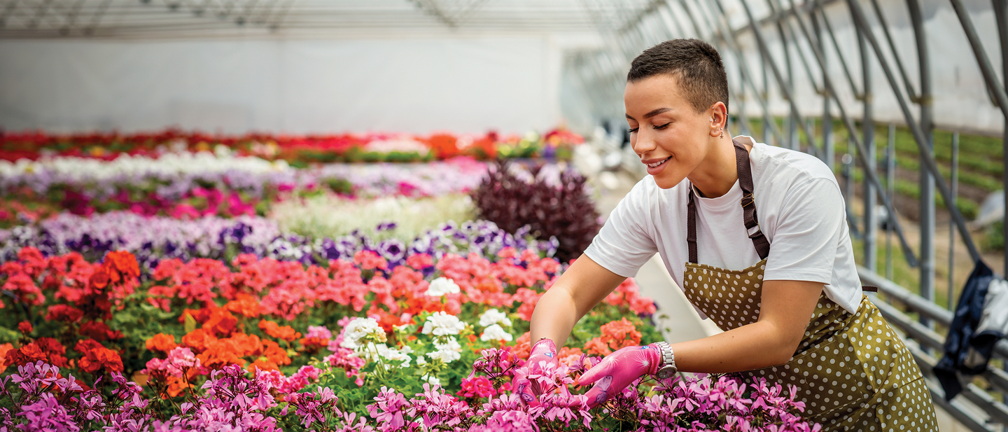 Young female gardener in gloves working in greenhouse, planting and taking care of flowers.