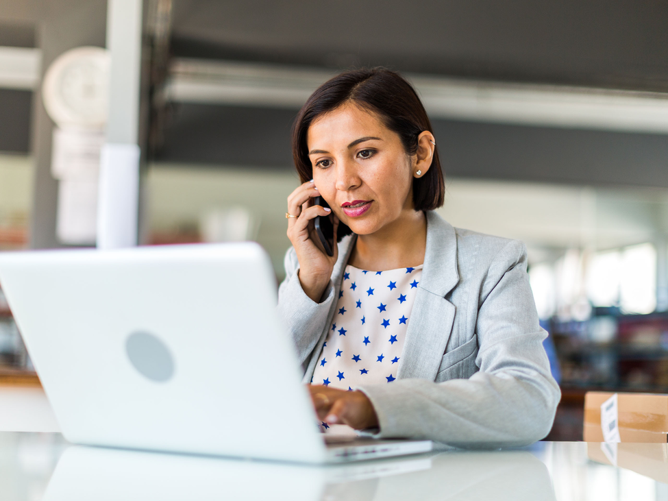 A small business owner talking on the telephone and looking at her computer.