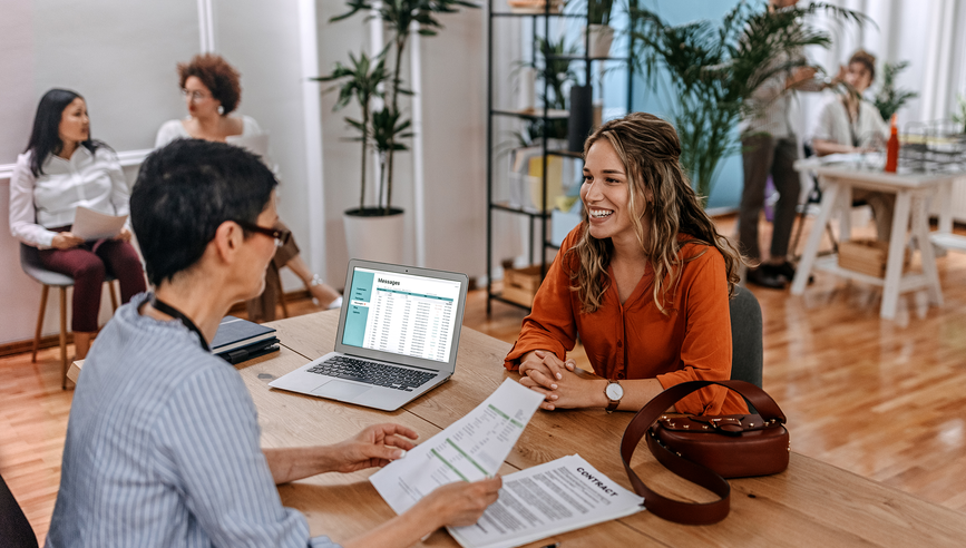 Female candidate interview with HR manager at office.