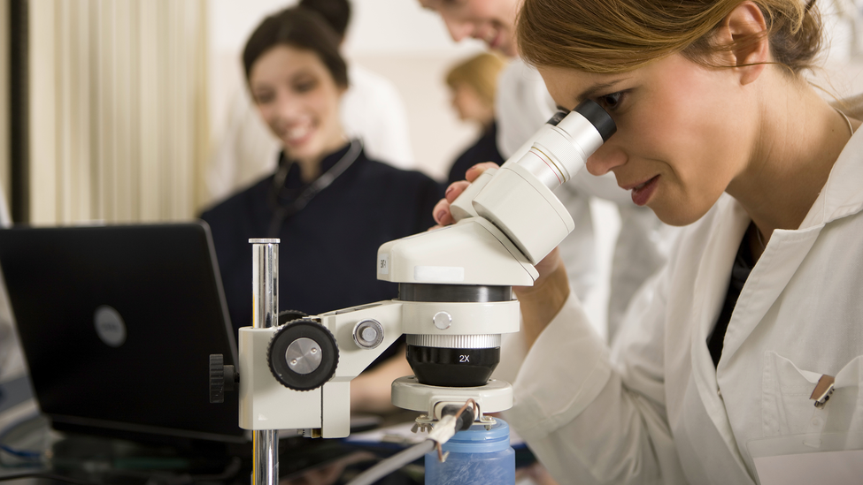 Female scientist using microscope