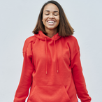 Woman smiling red hoodie.
