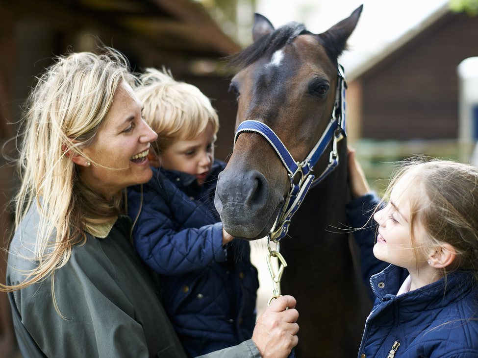 A mother and her children hold the reins on a horse kept at a stable. 