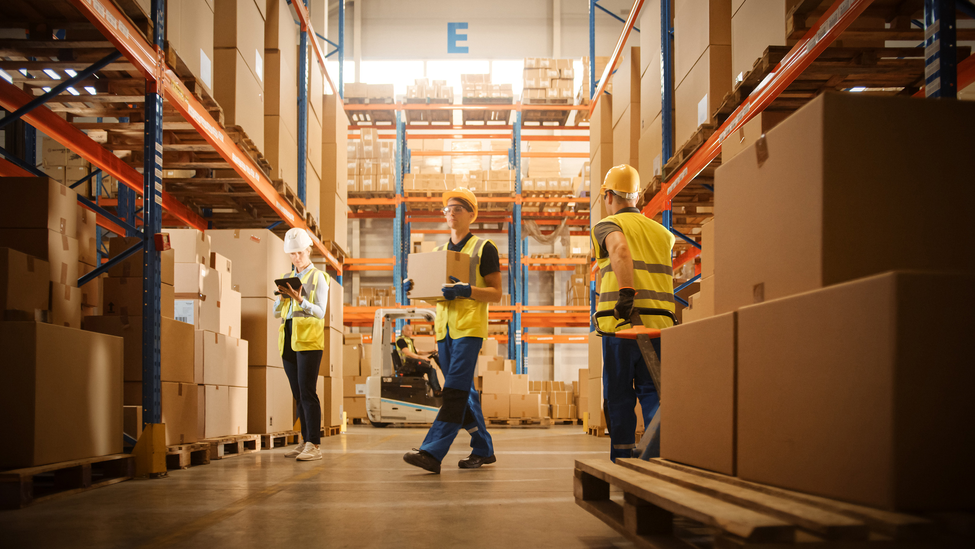 Workers moving inventory in a warehouse, boxes on shelves in a warehouse.